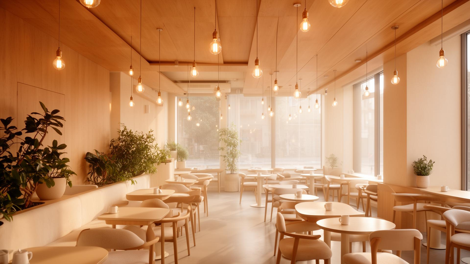 Warm cafe interior with hanging Edison bulbs and natural light