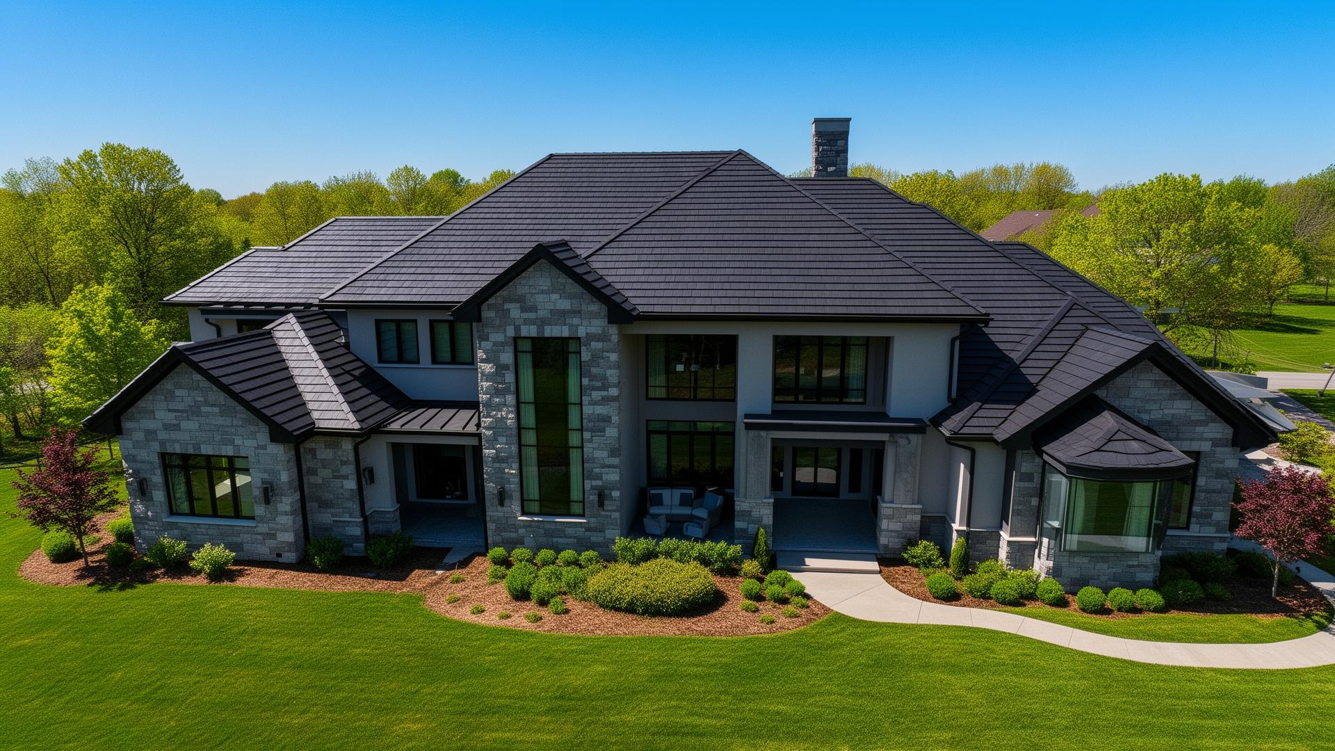 Aerial view of a beautiful home with a newly installed roof